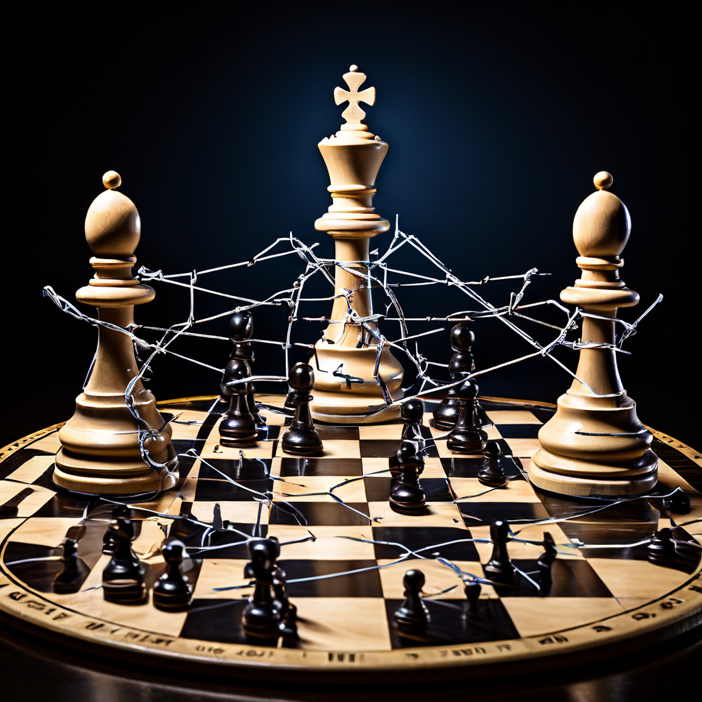 전략적 체스판 위에 구축된 커뮤니케이션 네트워크가 거부의 세 가지 방어 원칙을 요새화된 성문에 비유하여 명확하게 시각화한 개념도입니다.