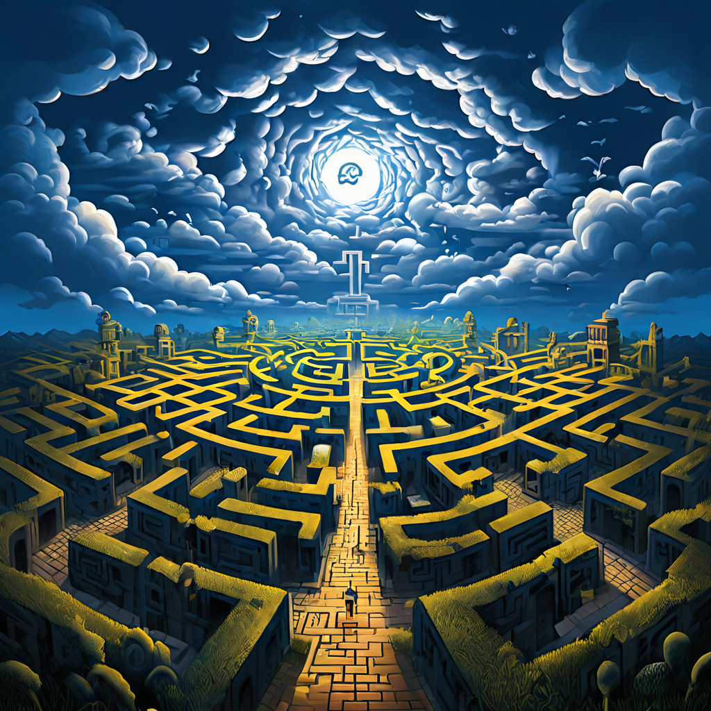 스트레스 아이콘이 폭풍구름보다 크게 드리운 복잡한 미로 속에 숨겨진 변수와 함정문이 배치된 심리적 어려움을 시각적으로 표현한 개념 이미지입니다.