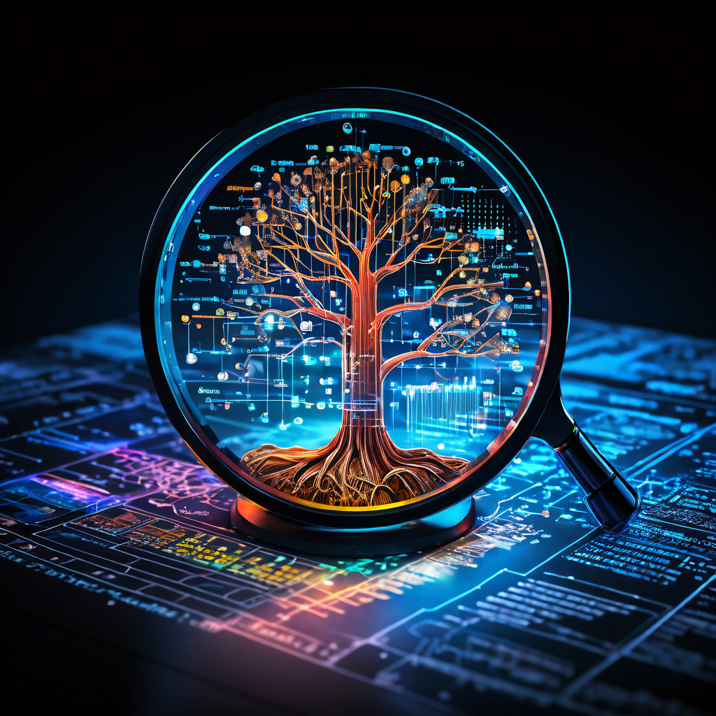 확대경으로 스프레드시트를 들여다보면 제품 데이터 아래 숨겨진 소비자 욕구가 빛나는 뿌리와 기어 형태로 시각화되어 나타나는 모습을 담은 이미지입니다.