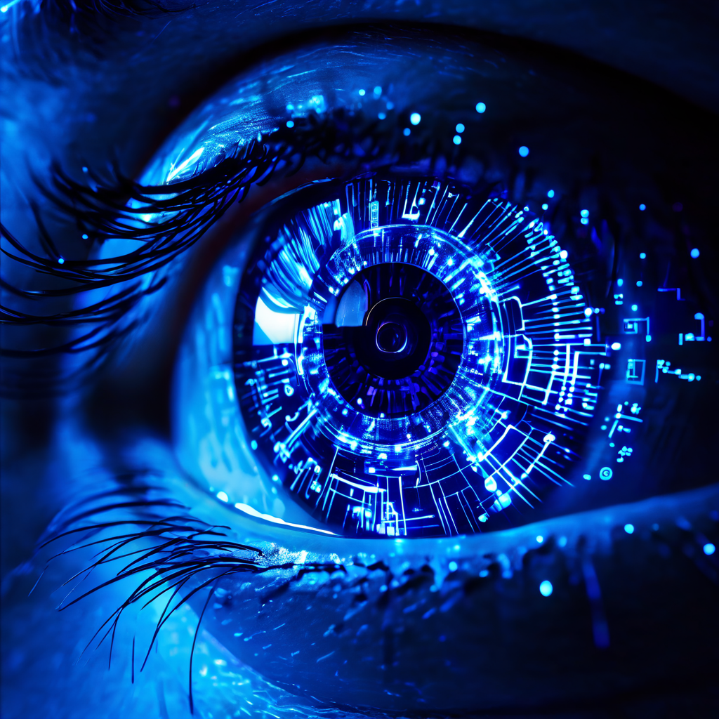 데이터 스트림을 분석하여 관찰된 패턴으로 결정체 형태의 신뢰 점수를 구축하는 빛나는 디지털 눈과 복잡한 기술 도식이 함께 표현된 이미지입니다.