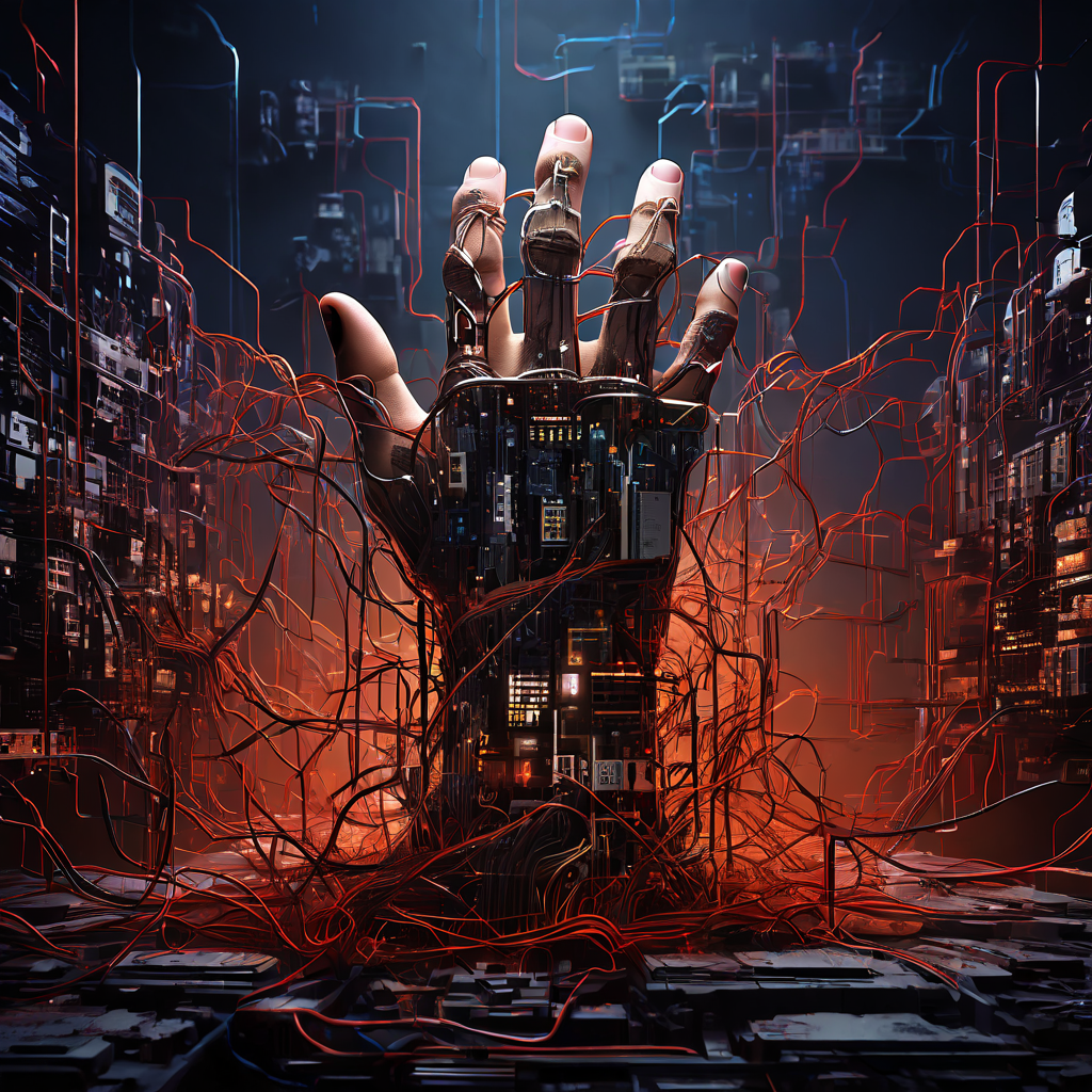 복잡한 기계 인터페이스와 인간의 손이 융합되며 전선과 데이터 흐름이 살점으로 해체되는, 연결 지점의 파국적 실패를 상징하는 초현실적 디지털 풍경을 묘사한 이미지입니다.