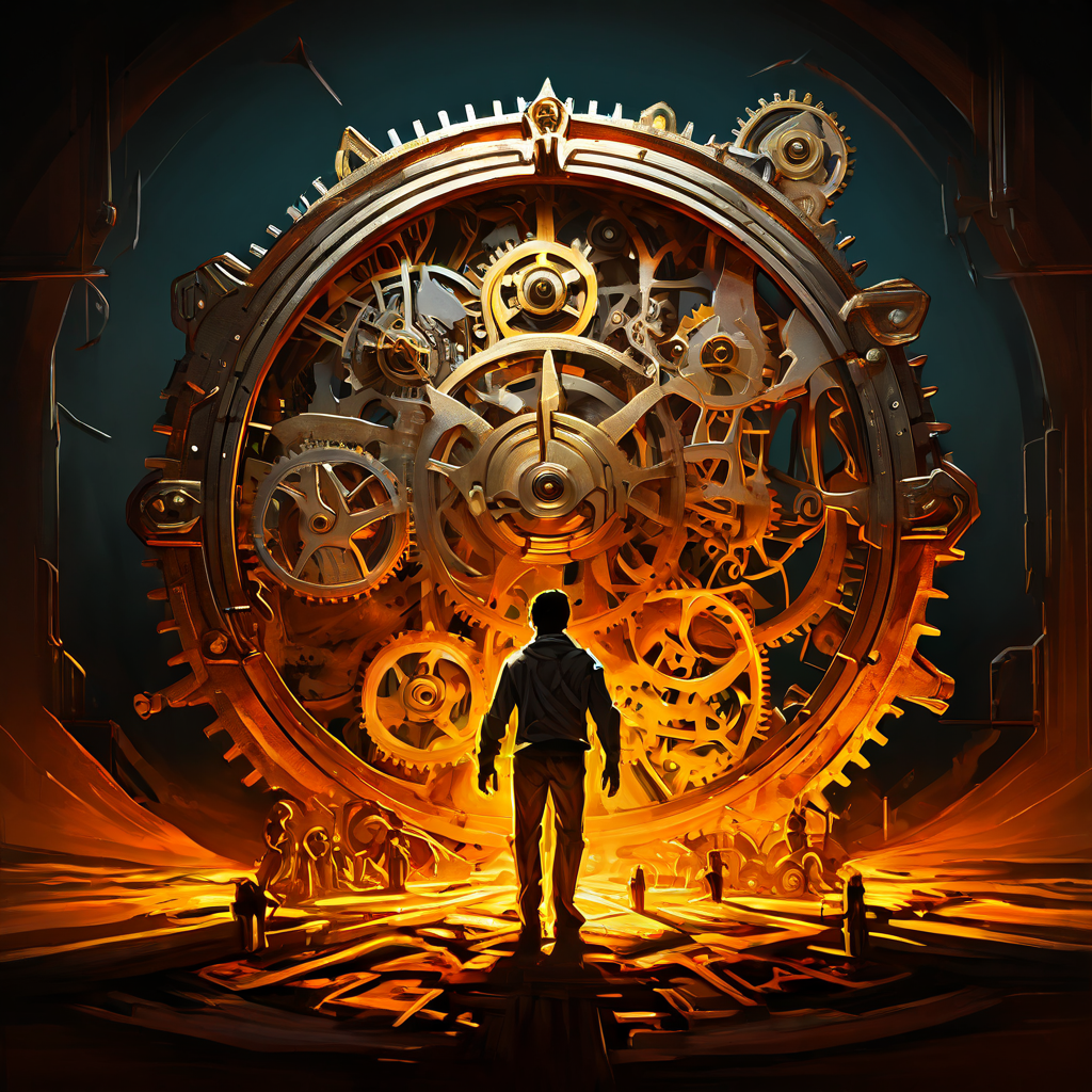 돌이킬 수 없는 시간의 흐름을 상징하는 'irreversible' 표시가 된 복잡한 톱니바퀴 장치가 빛나며 고정되고, 그 아래에서 시간을 되돌리려는 한 사람의 허사적인 시도가 긴 그림자로 드리워진 모습을 담은 이미지입니다.