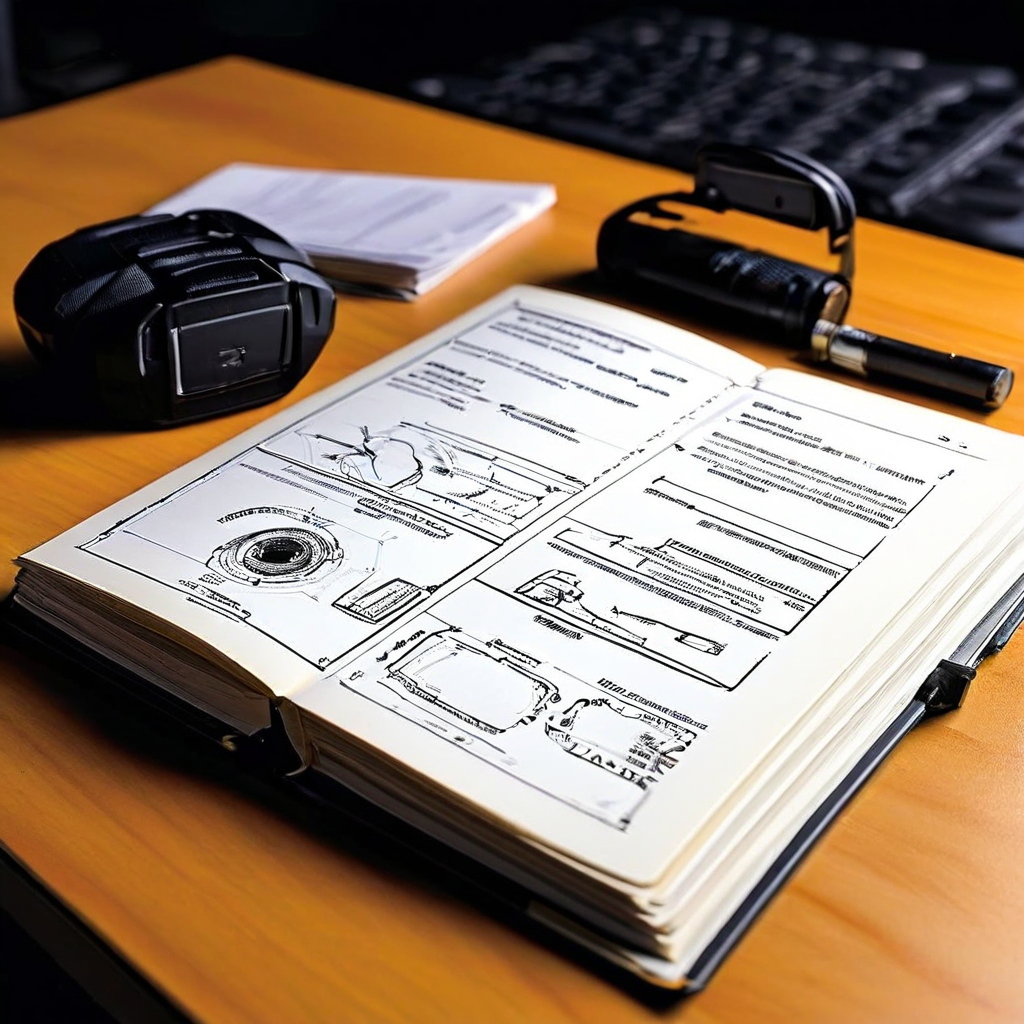 교통사고 현장에서 대시캠 외에 중요한 2차 증거를 수집하는 방법을 안내하는 "히든 에비던스 가이드" 매뉴얼이 열려 있으며, 스키드 마크와 보안 카메라 위치도 분석하는 책의 상세한 삽화를 보여줍니다.