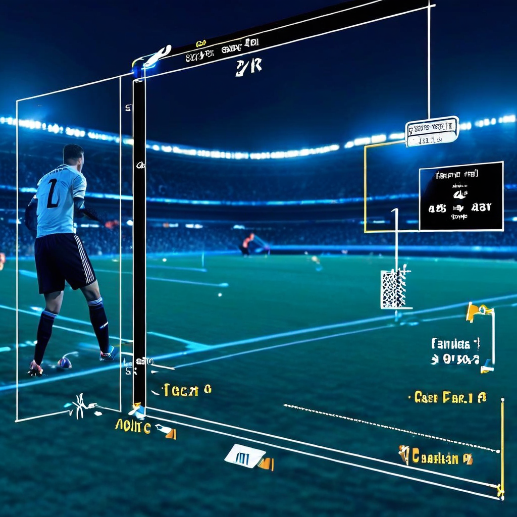 VAR 기술의 원리를 설명하는 과학적 도표로, 축구 경기에서 오프사이드 여부를 판정할 때 카메라의 프레임 속도와 각도가 결정 정확도에 미치는 영향을 시각적으로 분석하여 보여줍니다.