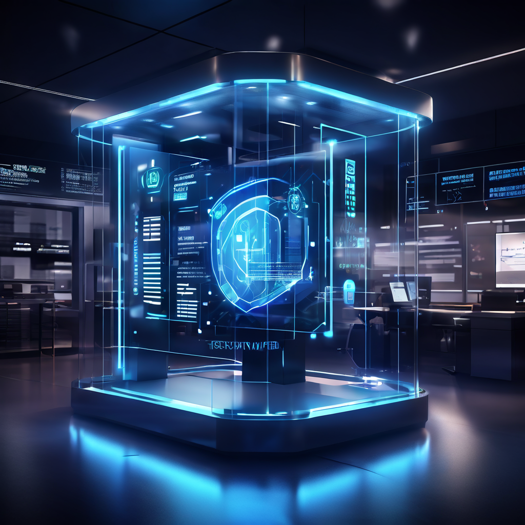 2번째 이미지는 은행의 첨단 보안 시스템을 상징적으로 묘사한 장면으로, 투명 방탄 보호막 안에서 고객이 안전하게 업무를 보는 모습과 배경에 구현된 디지털 보안 프로토콜 및 안전 메커니즘이 시각화되어 있습니다.