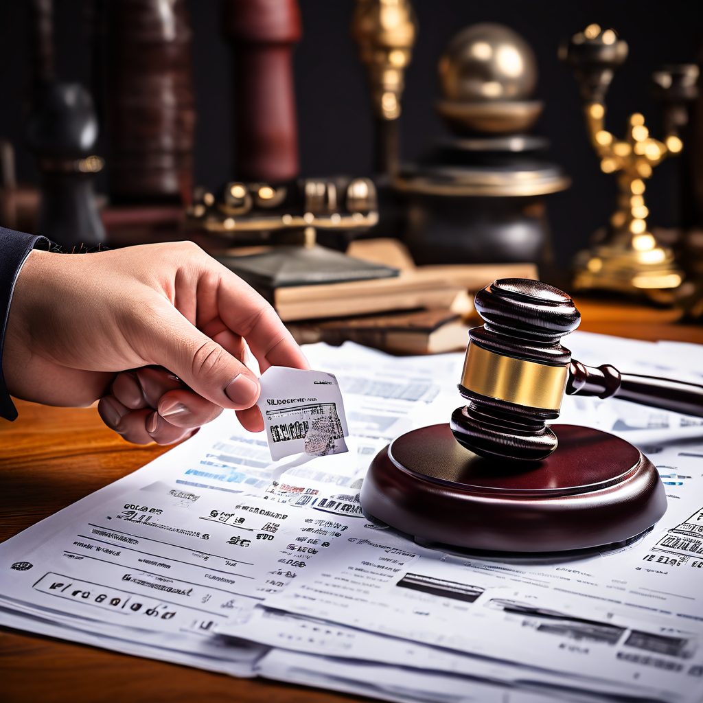 소비자가 잘못된 가격표를 지적하고 환불 영수증과 법적 문서 위의 법봉이 함께 배치되어 소비자 권리와 판매자의 책임을 상징적으로 표현한 이미지입니다.