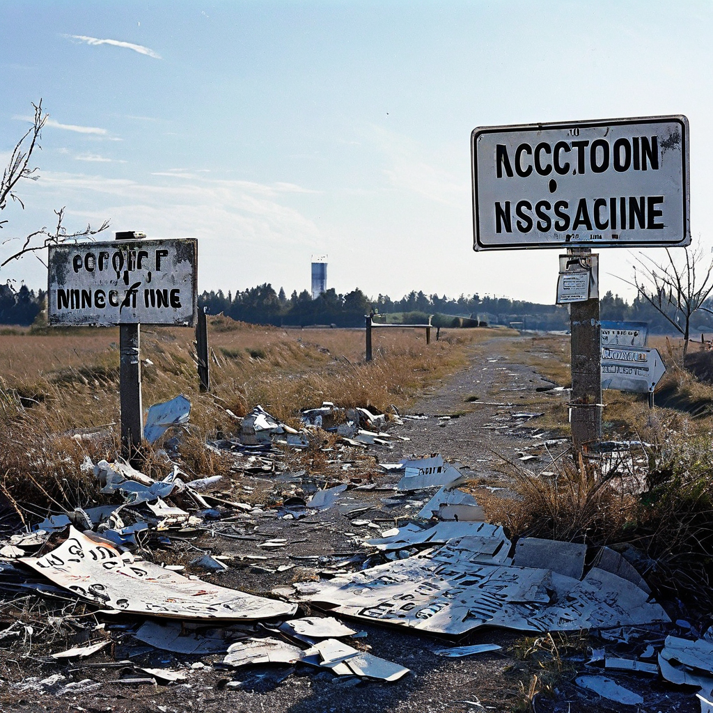보험의 오해를 상징하는 세 개의 잘못된 안내판이 위험한 배제 구역을 가리키고, 깨진 보험 문서가 소비자에게 주의를 요구하는 상황을 묘사한 이미지입니다.