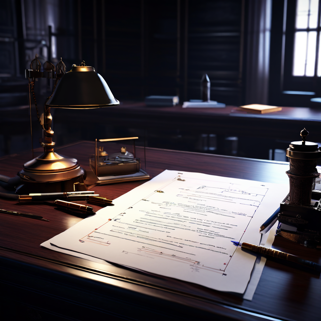 책상 위에 놓인 겉보기에는 정교한 계약서와 그 아래 바닥에 숨겨진 법적 함정이 있는 트랩도어가 어둠 속으로 이어지는 모습을 보여주며, 주변에는 인테리어 설계 도구와 청사진이 흩어져 있습니다.