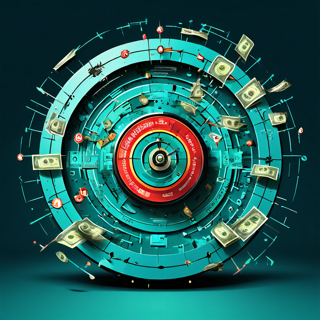 사이버 범죄의 표적이 된 개인의 심리를 상징하는 깨진 표적 중심부와 이를 둘러싼 사기 이메일 및 금전 아이콘이 심리적 취약성을 이용한 금융 사기의 위험성을 경고하는 이미지입니다.