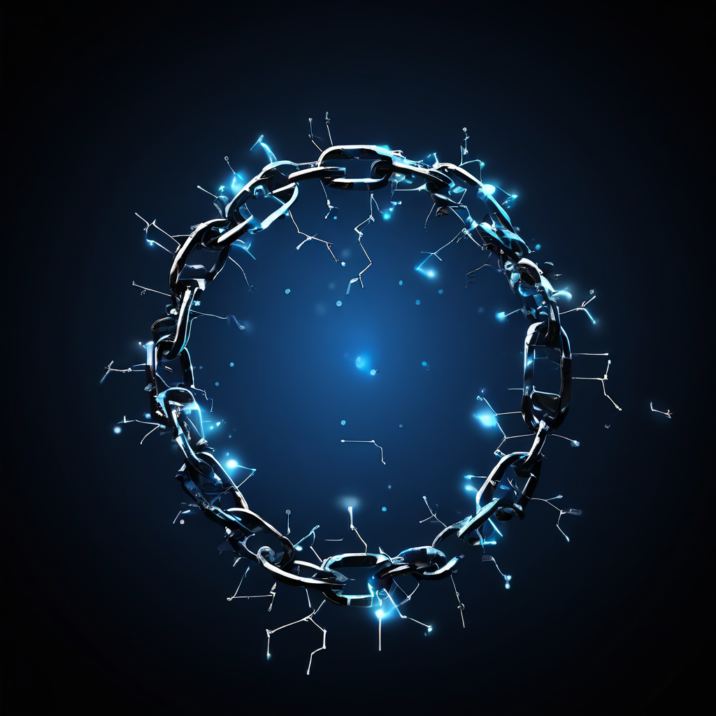 데이터 무결성이 깨진 상태를 상징하는 끊어진 디지털 데이터 체인으로, 무결성 링크가 터져 있으며 주변에 오류 기호가 떠 있습니다.