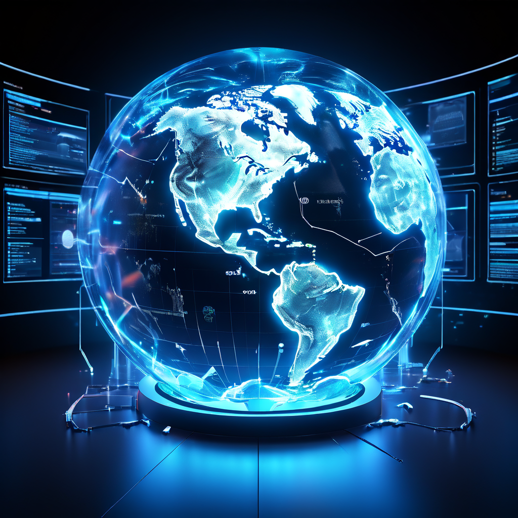 사이버 보안 솔루션이 발동되어 글로벌 금융 데이터 흐름을 실시간으로 차단하고 위협 경보를 표시하는 디지털 지구 이미지입니다.