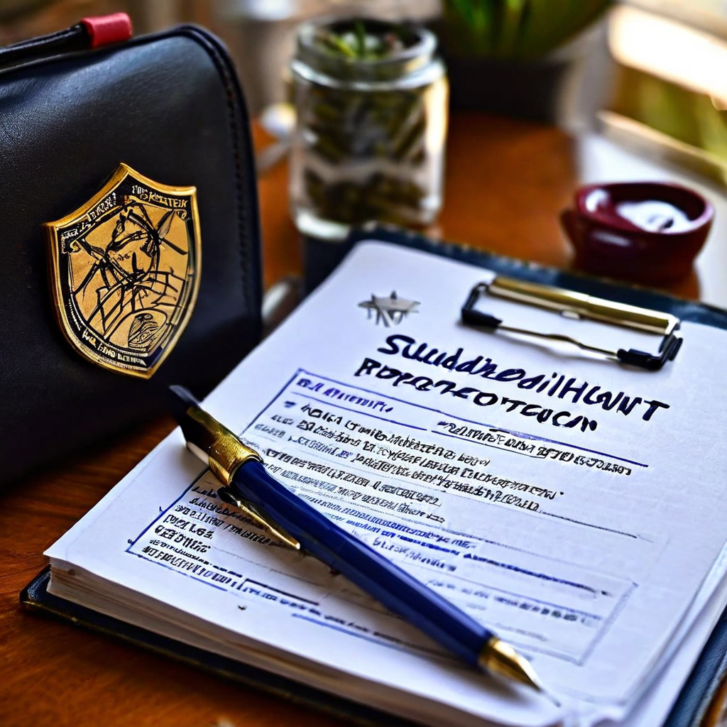 학생의 책상 위에 펜과 보호 방패 문양이 놓인 상태로, 실천적 행동 항목이 포함된 '학생 권리 보호' 상세 체크리스트 문서가 준비되어 있는 모습을 담은 이미지입니다.