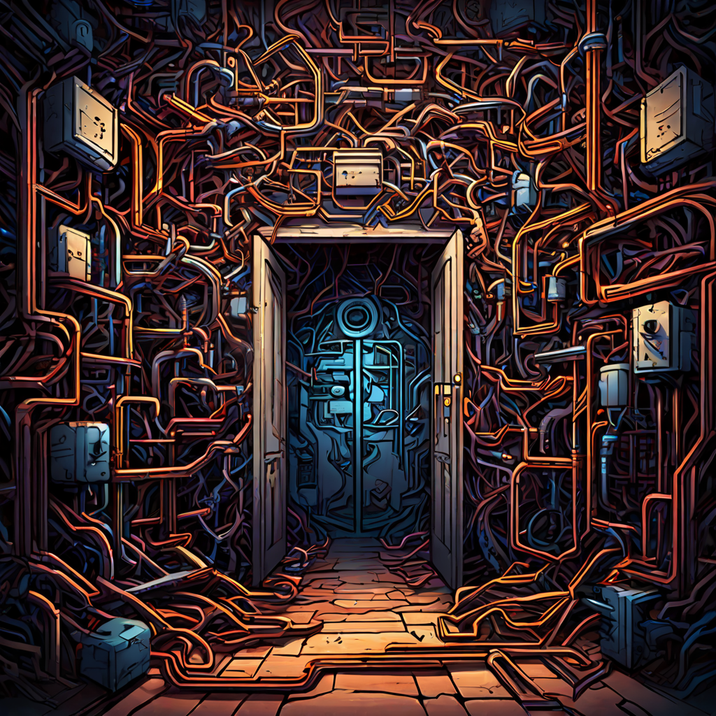 새로운 사용자의 복잡하게 얽힌 마음을 기어와 전선이 뒤엉킨 미로로 형상화하고 출입구에는 시작을 알리는 단순한 문이 배치된 개념적 일러스트입니다.