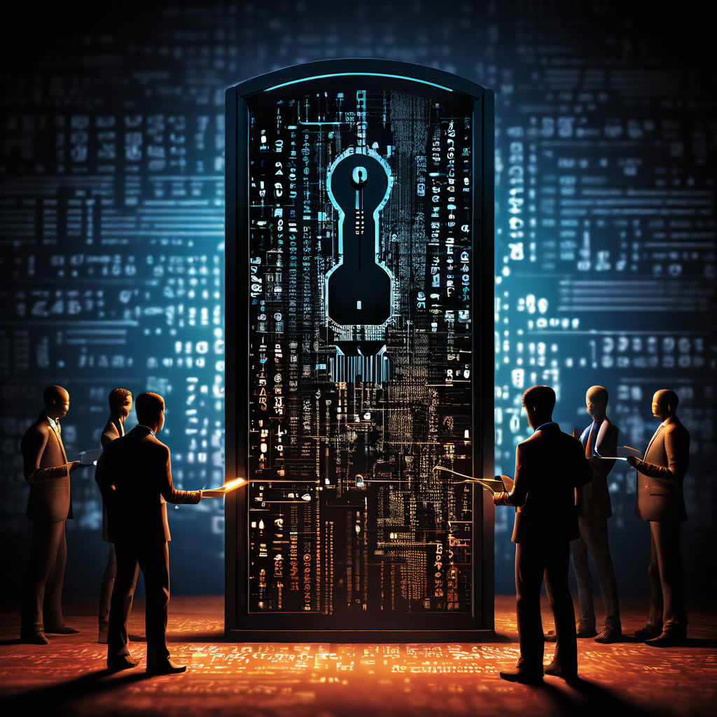 사람 실루엣으로 만들어진 크로우바가 디지털 자물쇠를 해킹하는 장면을 배경의 이진 코드와 회로도가 사이버 보안의 취약점을 상징적으로 표현한 일러스트레이션입니다.