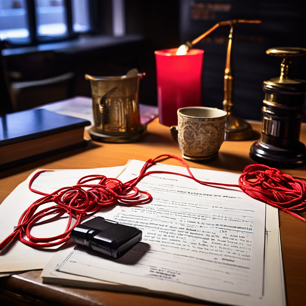 진행 중인 수사 사건의 핵심 단서인 '진술 분석' 케이스 파일이 놓인 탐정의 책상으로, 서로 모순되는 두 증인 진술서가 빨간 실로 물음표와 연결되어 있습니다.