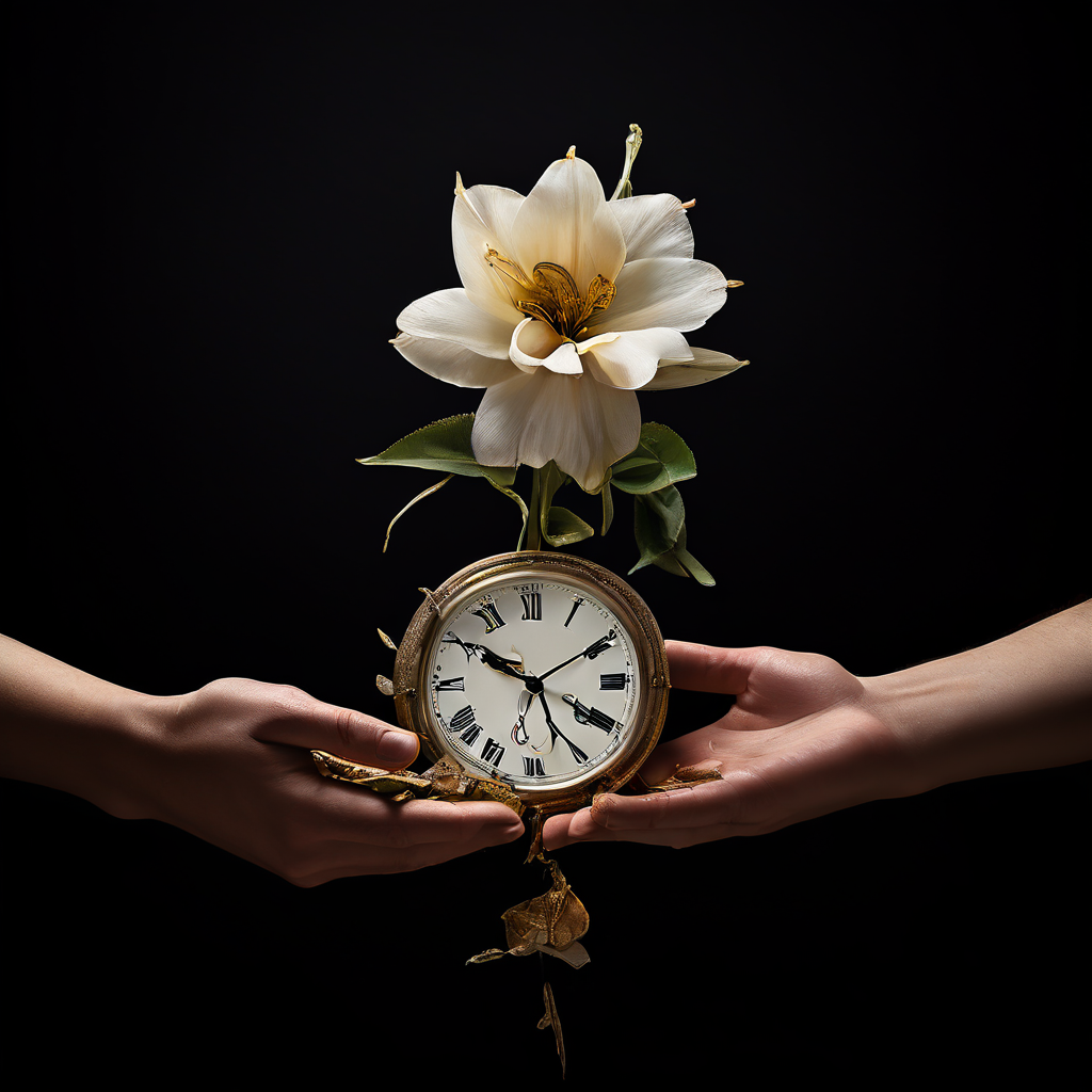 구두로는 약속을 말하지만 실제로는 계약서에서 망가진 시계나 시든 꽃을 만들어내는 모습으로 신뢰와 약속의 이중성을 상징적으로 표현한 이미지입니다.