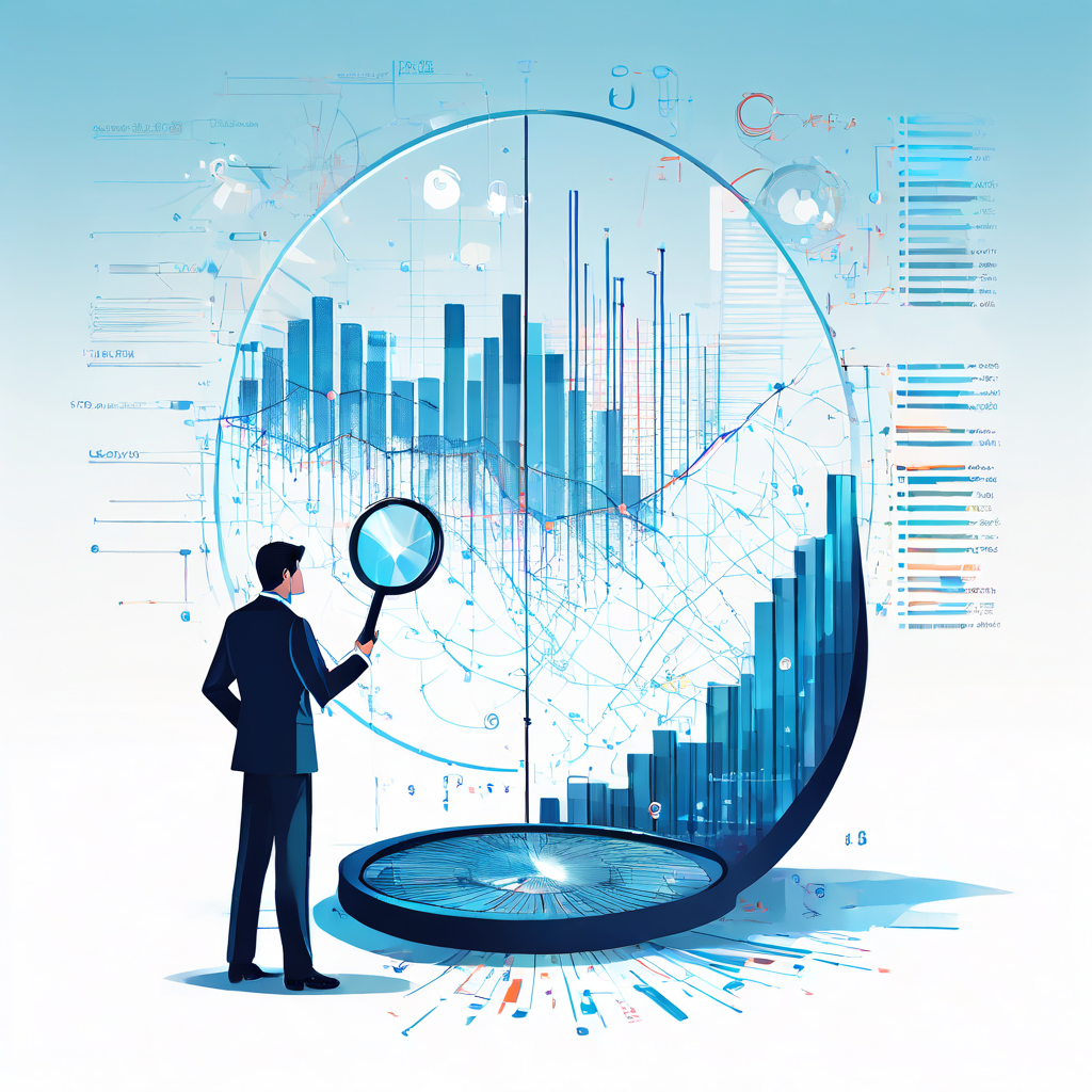 불공정한 데이터 저울에서 한쪽은 복잡한 차트로 넘치고 다른 쪽은 텅 비어 있으며, 정장을 입은 인물이 핵심 정보를 손으로 가리고 있는 모습을 확대경으로 들여다보는 모습