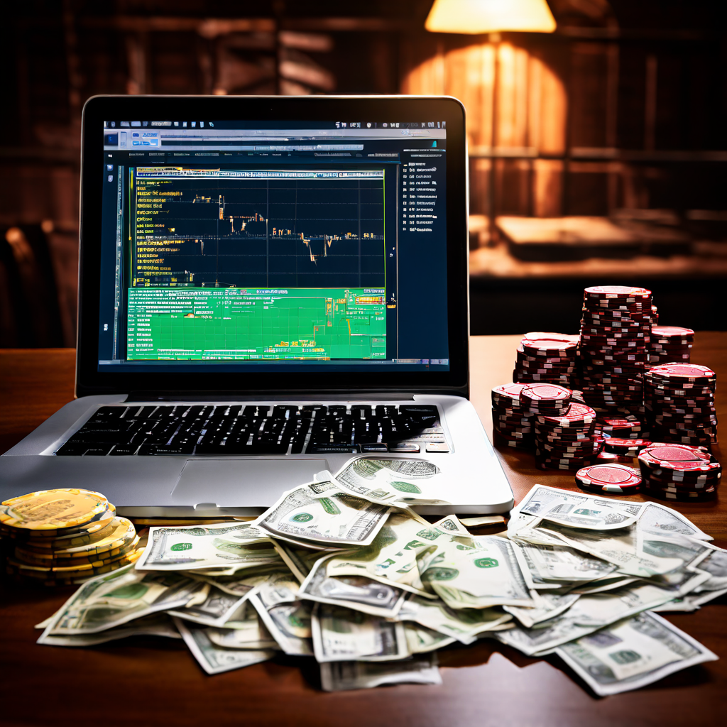 A photorealistic editorial photograph showing a person's hand placing a stack of American dollar bills onto a green casino felt ta