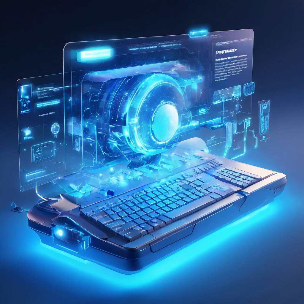 Premium futuristic digital interface showing a keyboard shifting the login flow from visual to typing mode, with connected cloud...